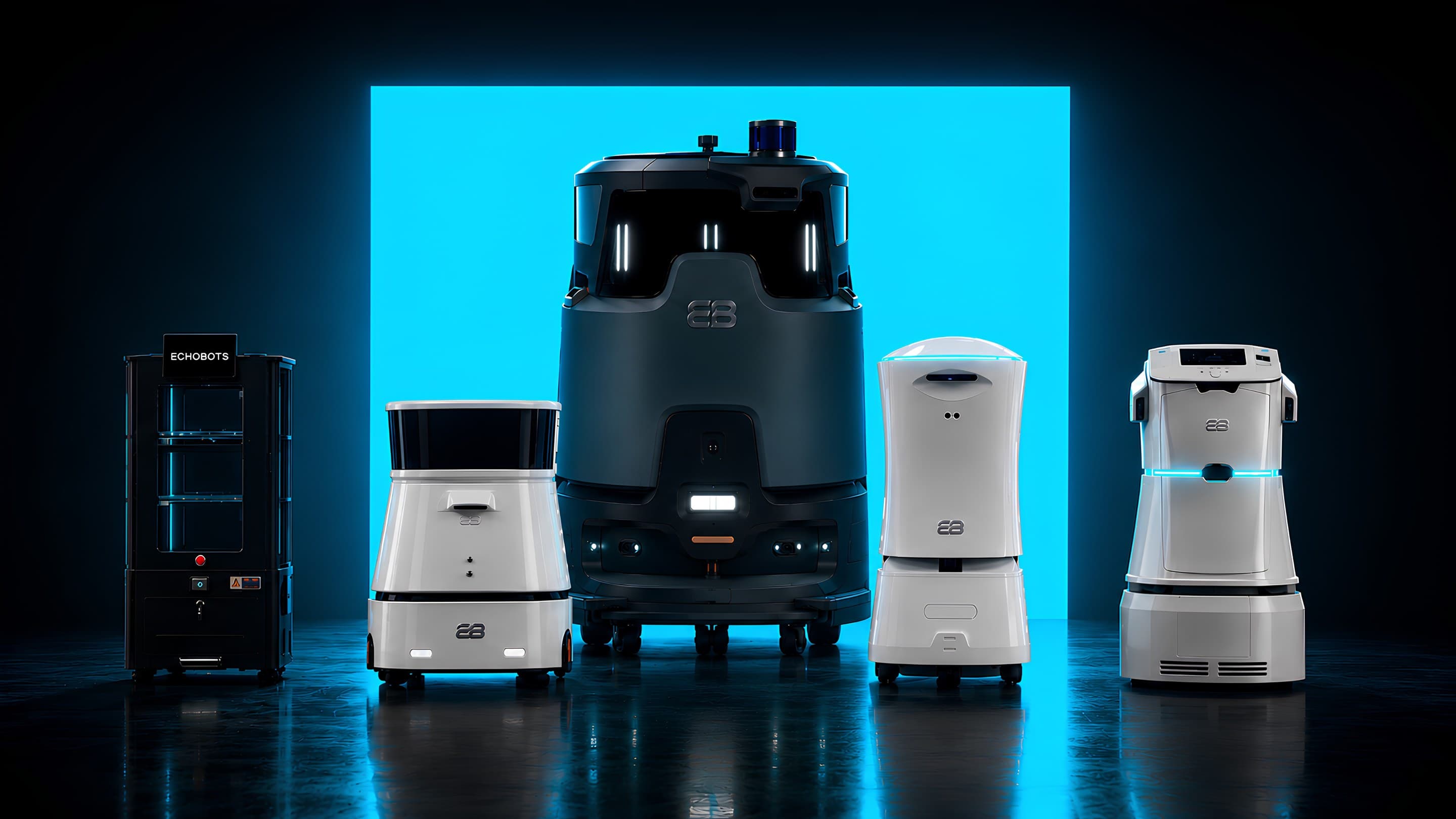 The EchoBots fleet — Lumi, Marquis, Titan, Atlas and Porter, lined up
