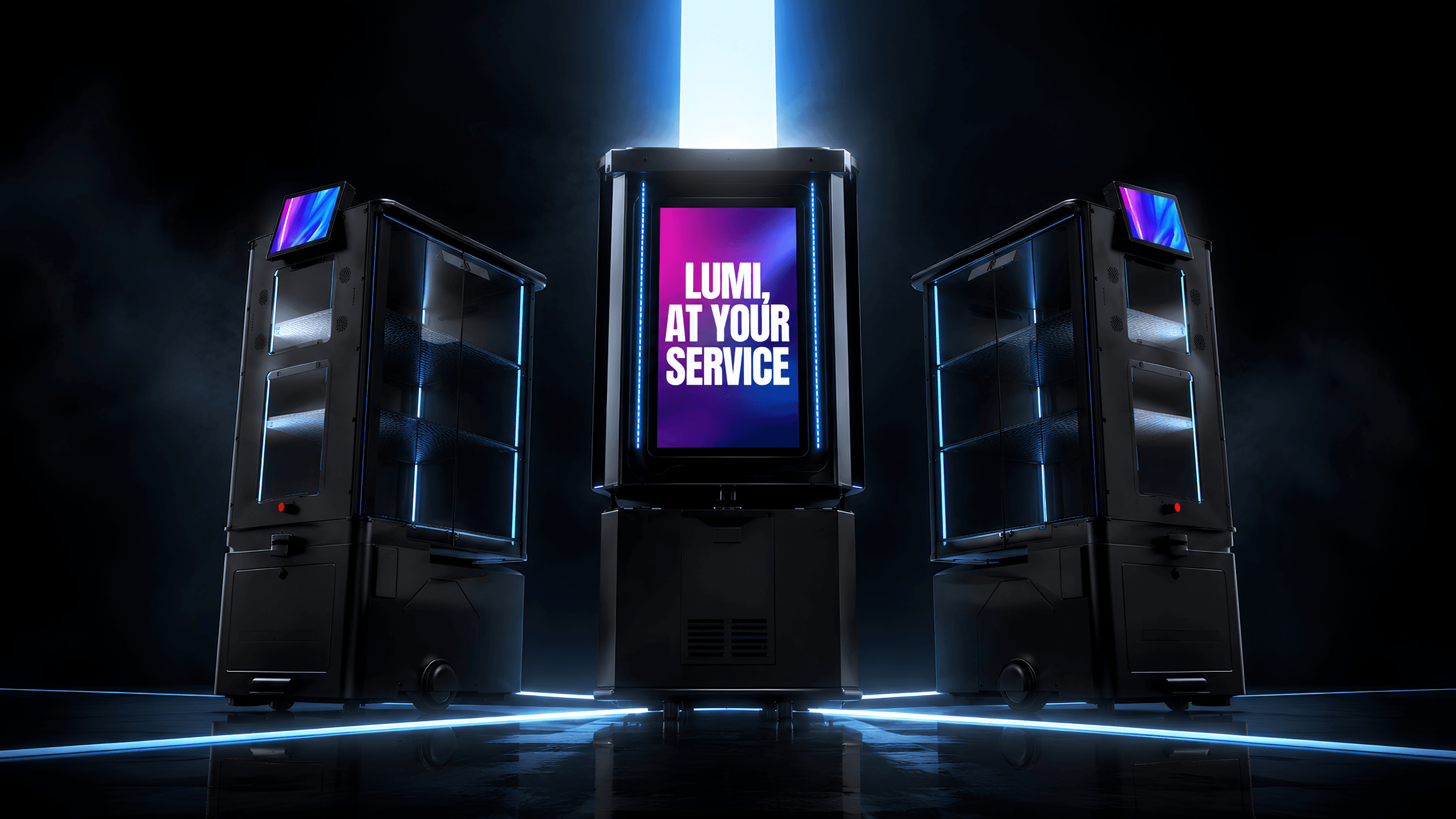 Three Lumi robots on a dark stage, the centre screen lit