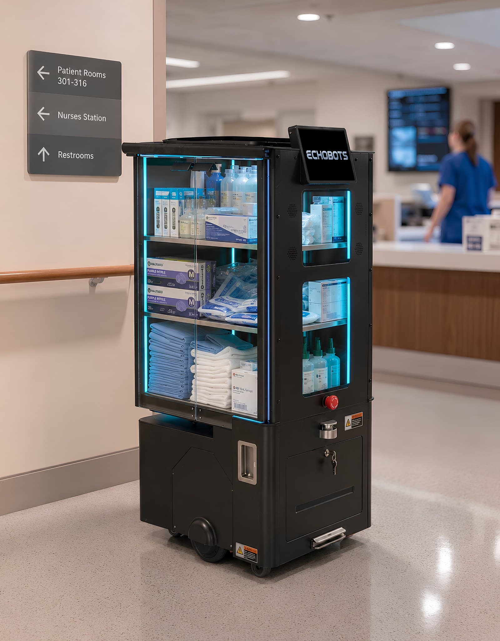 Lumi restocking supplies on a hospital ward