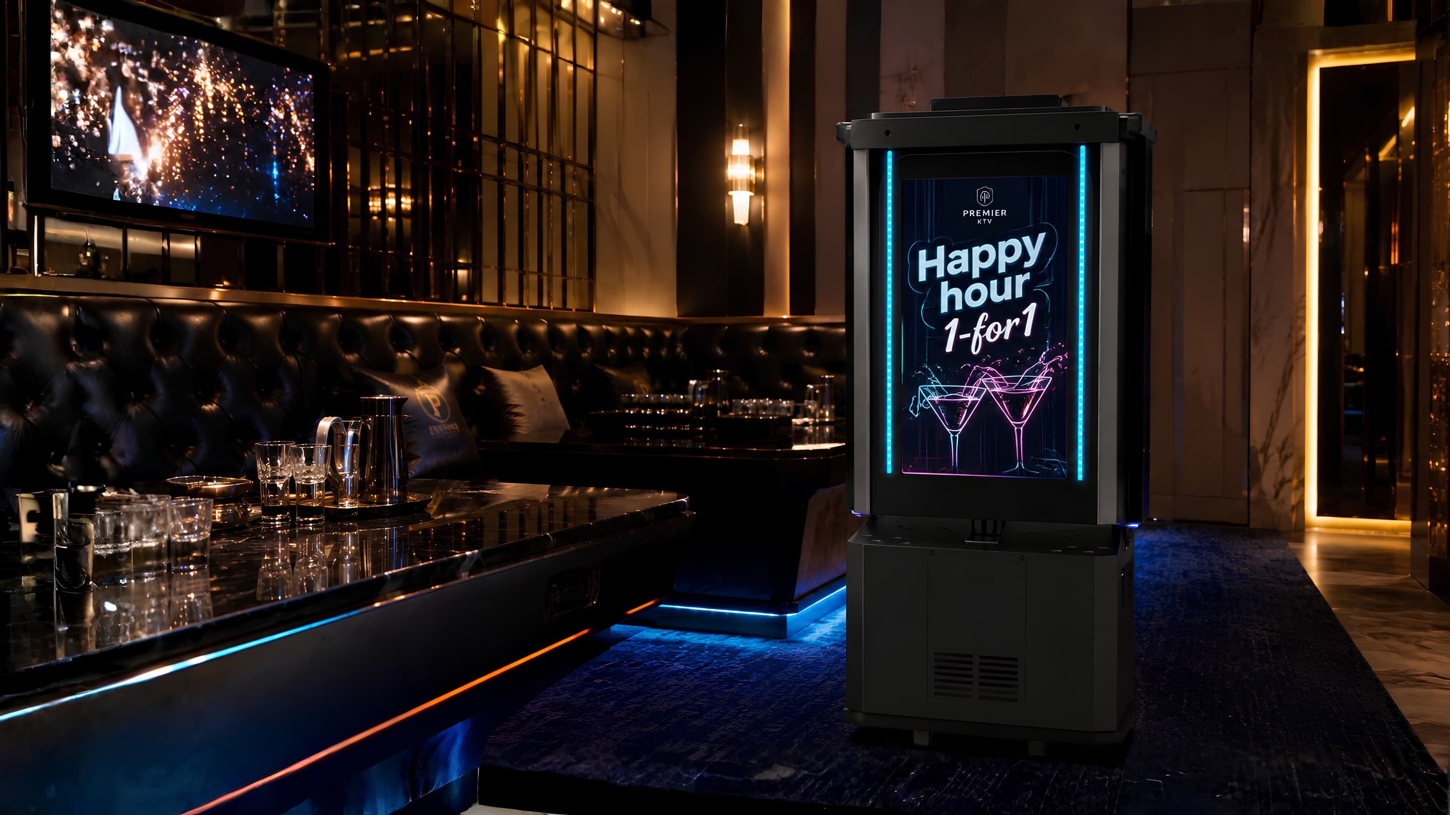 Lumi working a KTV bar, a promo running on its display