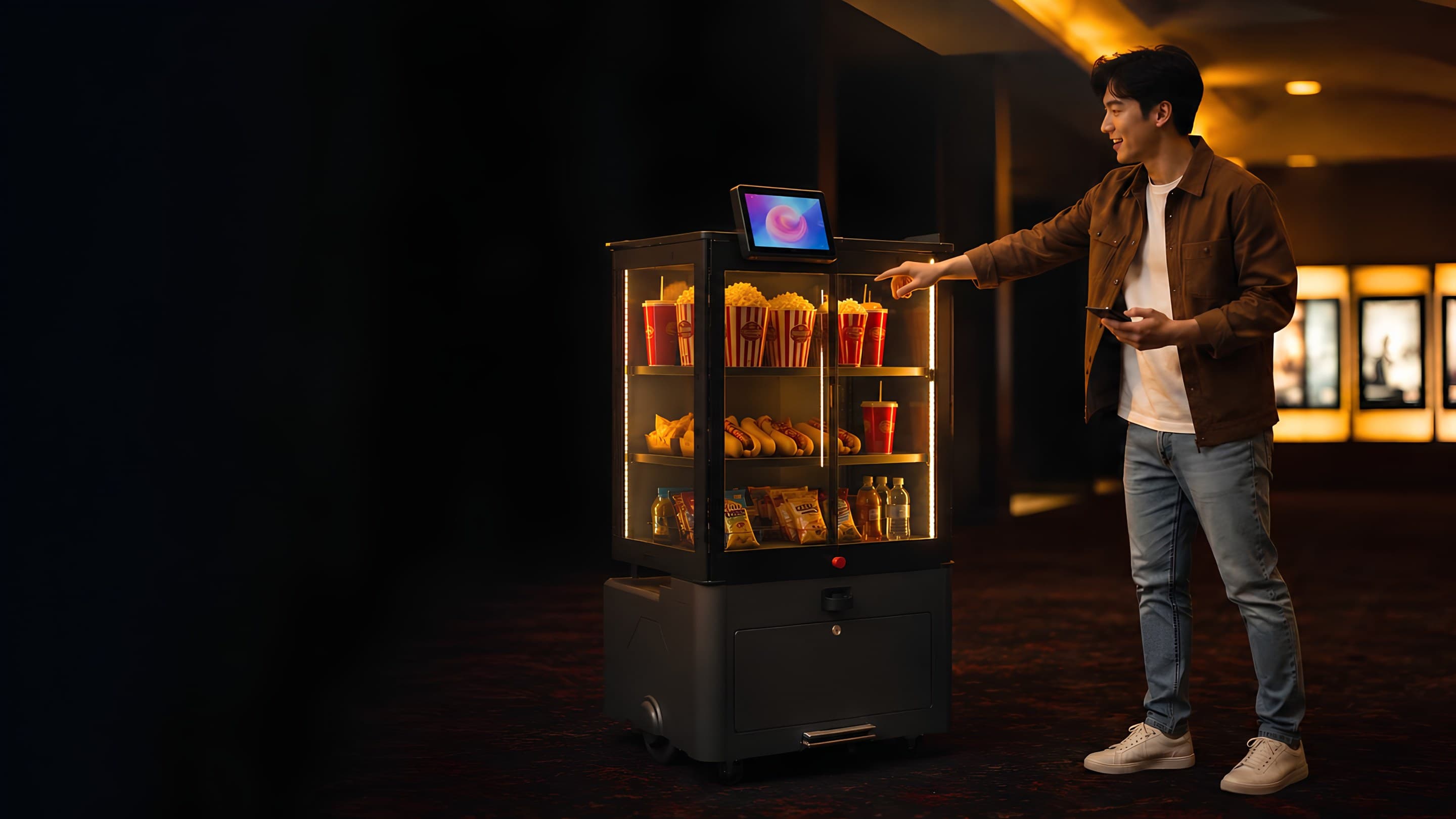 Lumi serving guests in a cinema foyer