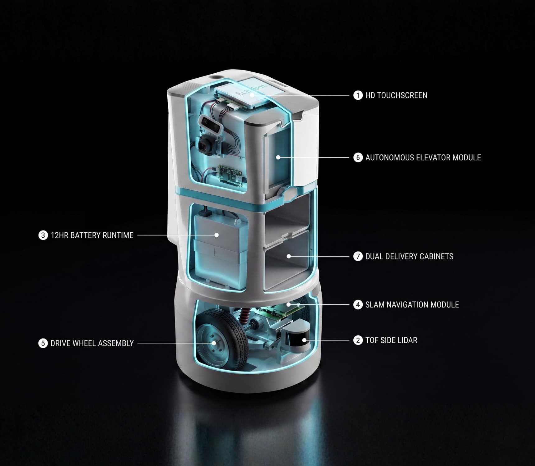 Porter cutaway with labelled internals: touchscreen, elevator module, cabinets, battery, SLAM navigation, TOF LiDAR, drive assembly