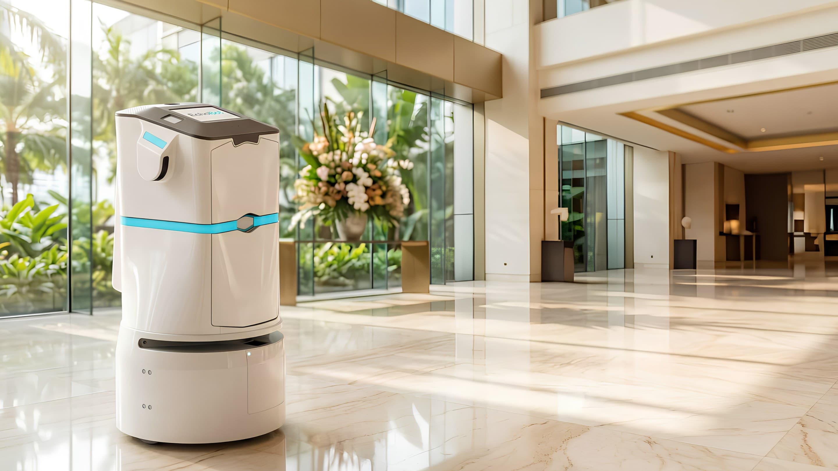 Porter crossing a bright, plant-filled hotel lobby