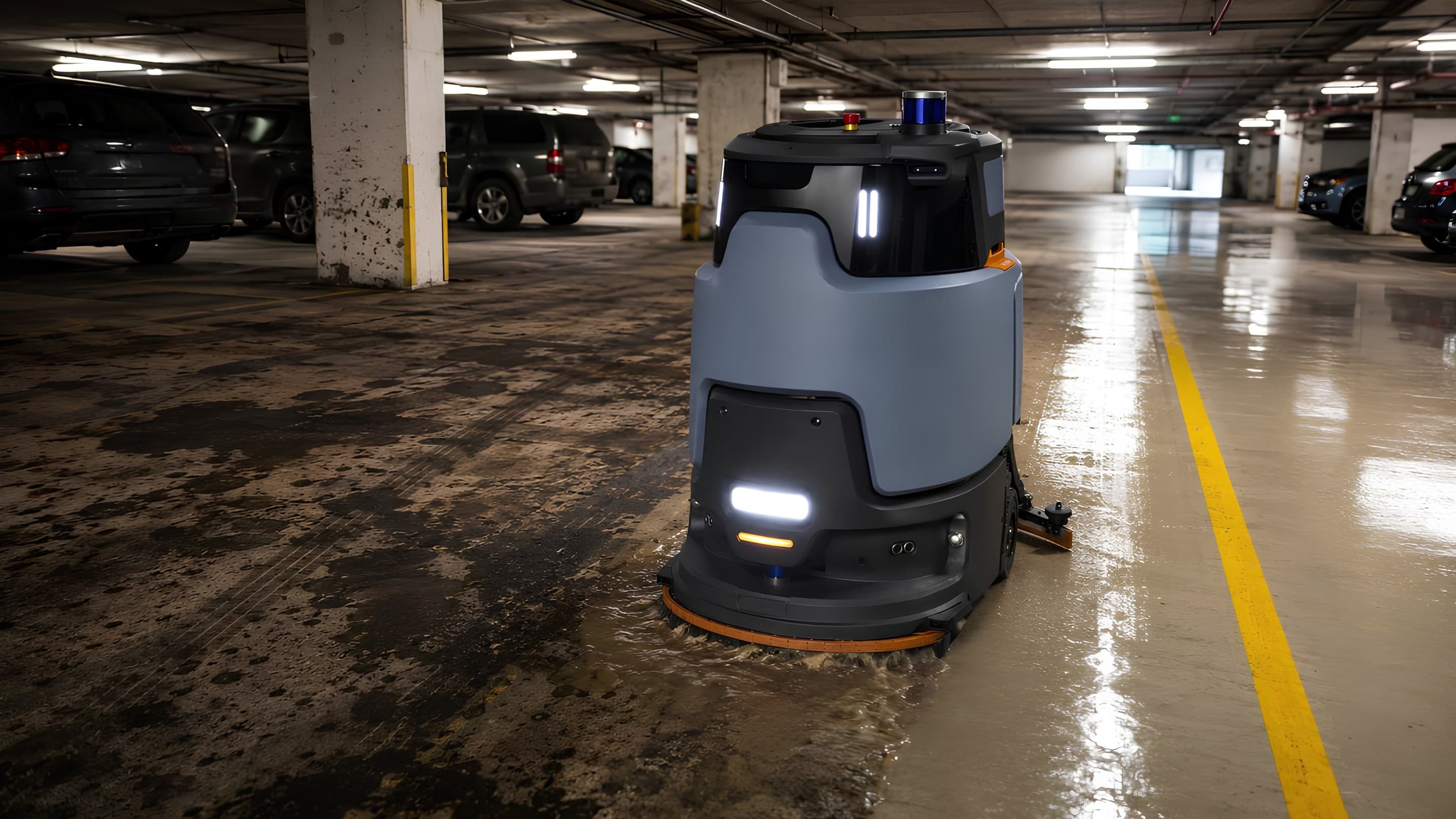 Titan mid-pass: untouched grime on one side, washed floor on the other