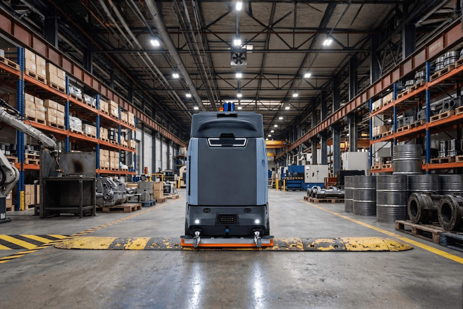 Titan climbing a threshold in a warehouse aisle